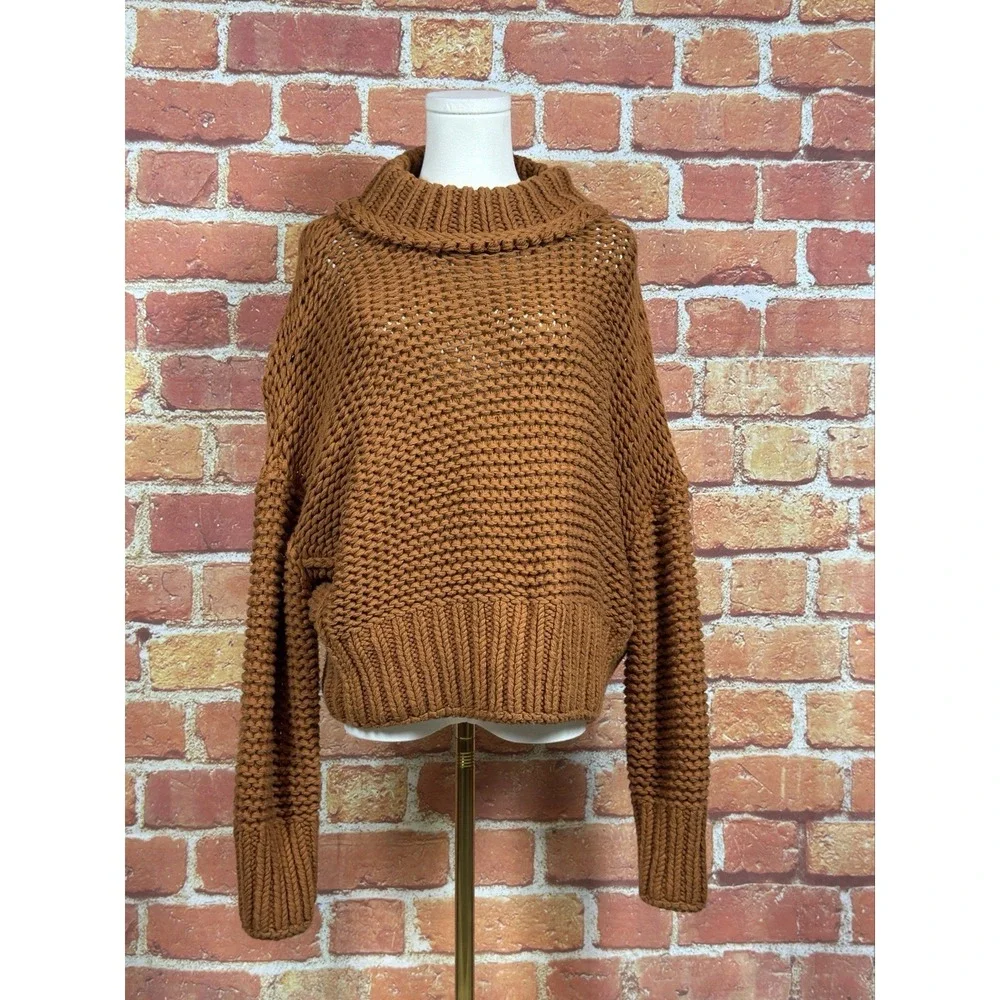 Free People‎ Chunky Knit Cotton Pullover Sweater Brown Mock Neck  Size  S/P